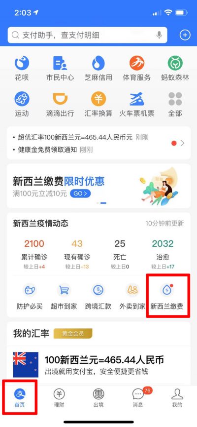 支付宝app 新西兰缴费